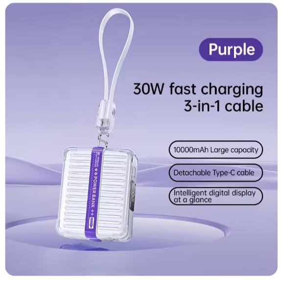 10000mAh 30W Fast Charging Mini Power Bank | Transparent Case | 3-in-1 Cable | Digital Display | Detachable Type-C | Purple | Light weight